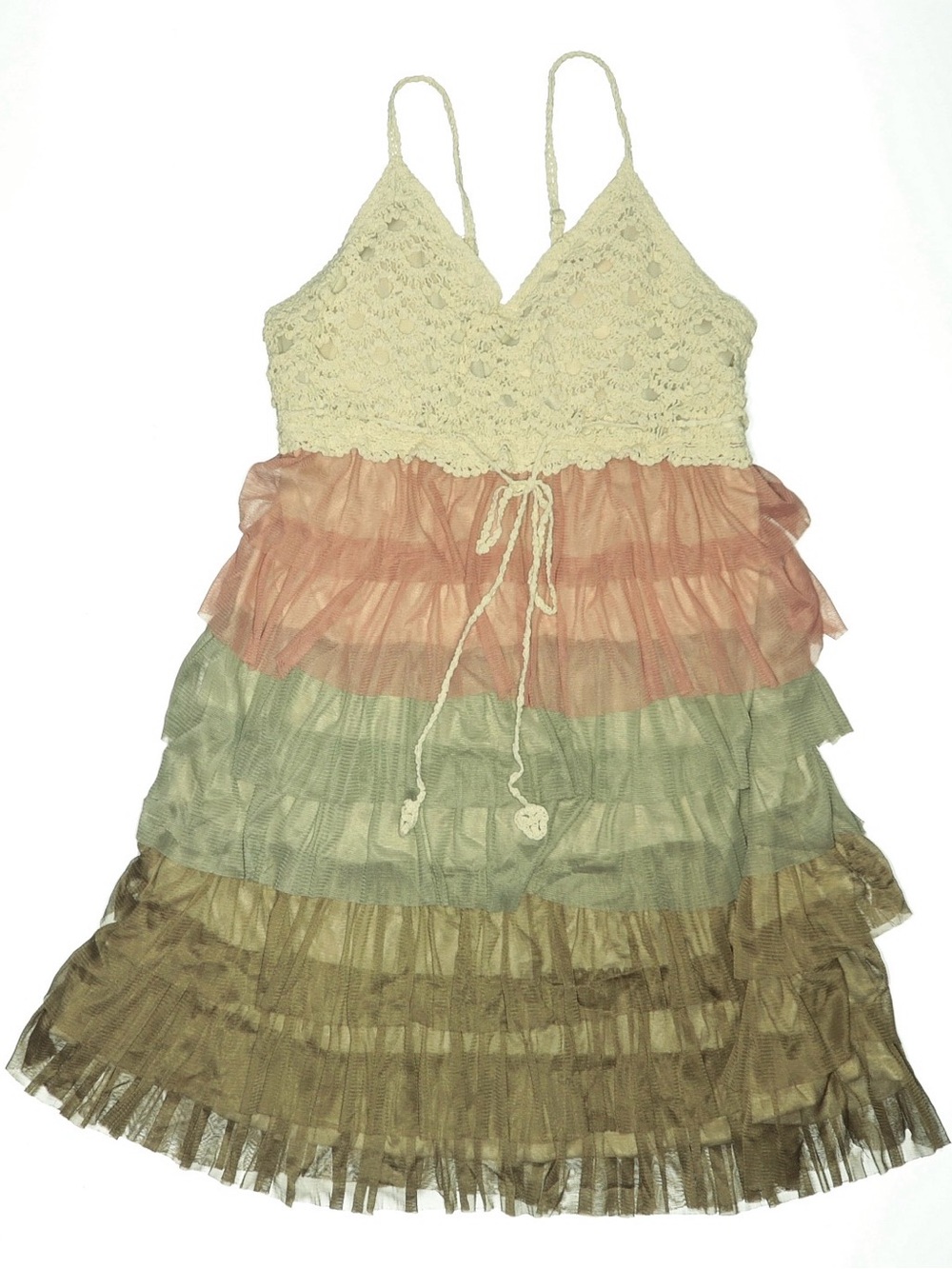 Chesley Cream Crochet Bodice Tiered Dress with Pink, Green, Tan Ruffles